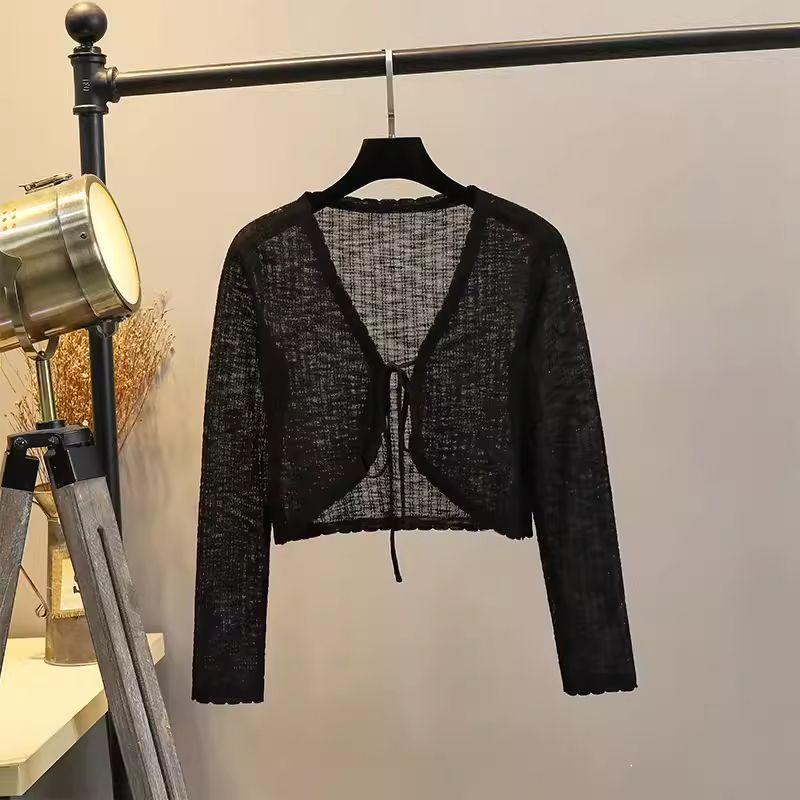 

Вязаный кардиган женский с короткими рукавами летний из ледяного шелка тонкий верхний слой накидка шаль юбка на бретелях маленький жилет солнцезащитная блузка Black -2320-Long sleeves M