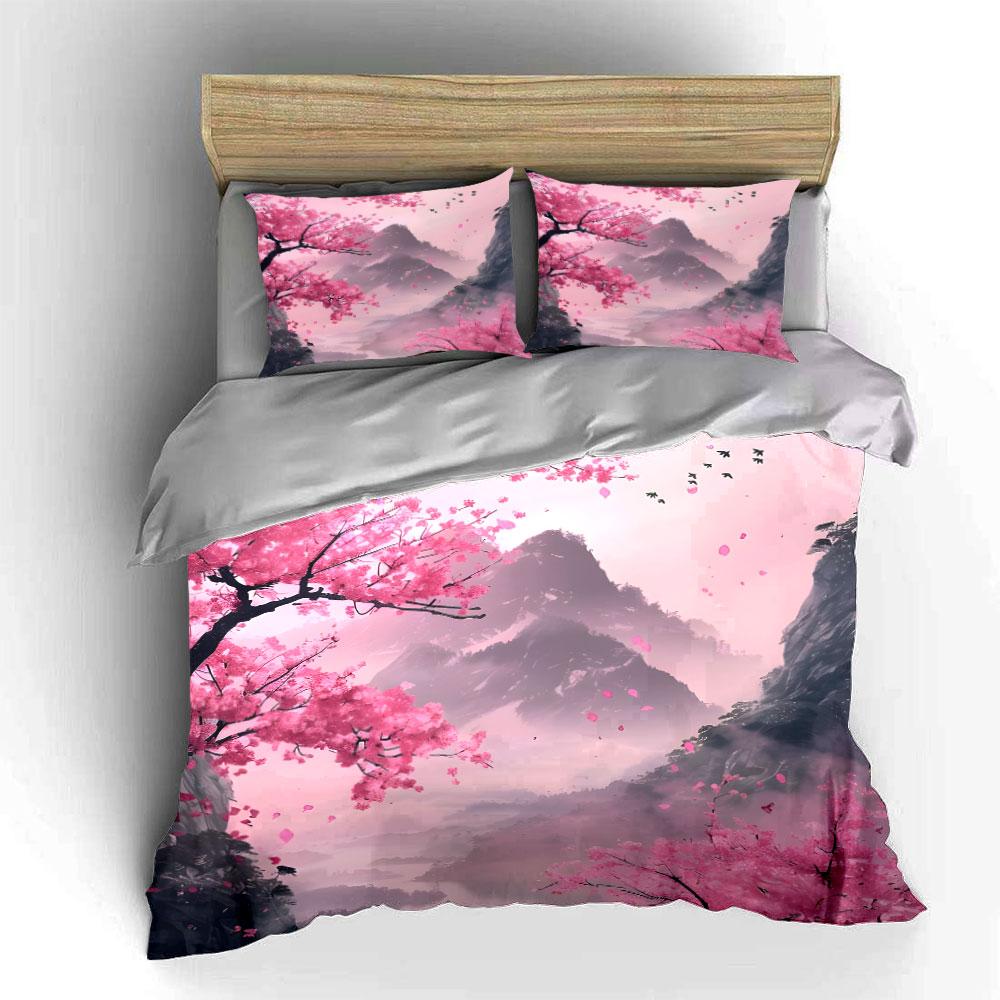 3Pcs Misty Mountain Cherry Blossom Bedding Set, Pink Sakura With Foggy Landscape Print Duvet Cover, Japanese Aesthetic, Gifts