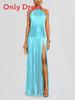 Metalic Sheen Elegant Sleeveless Backless Dress With Slit For Party And Evening Wear