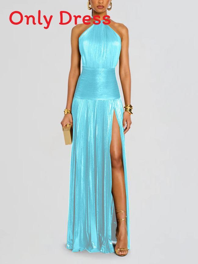 Metalic Sheen Elegant Sleeveless Backless Dress With Slit For Party And Evening Wear