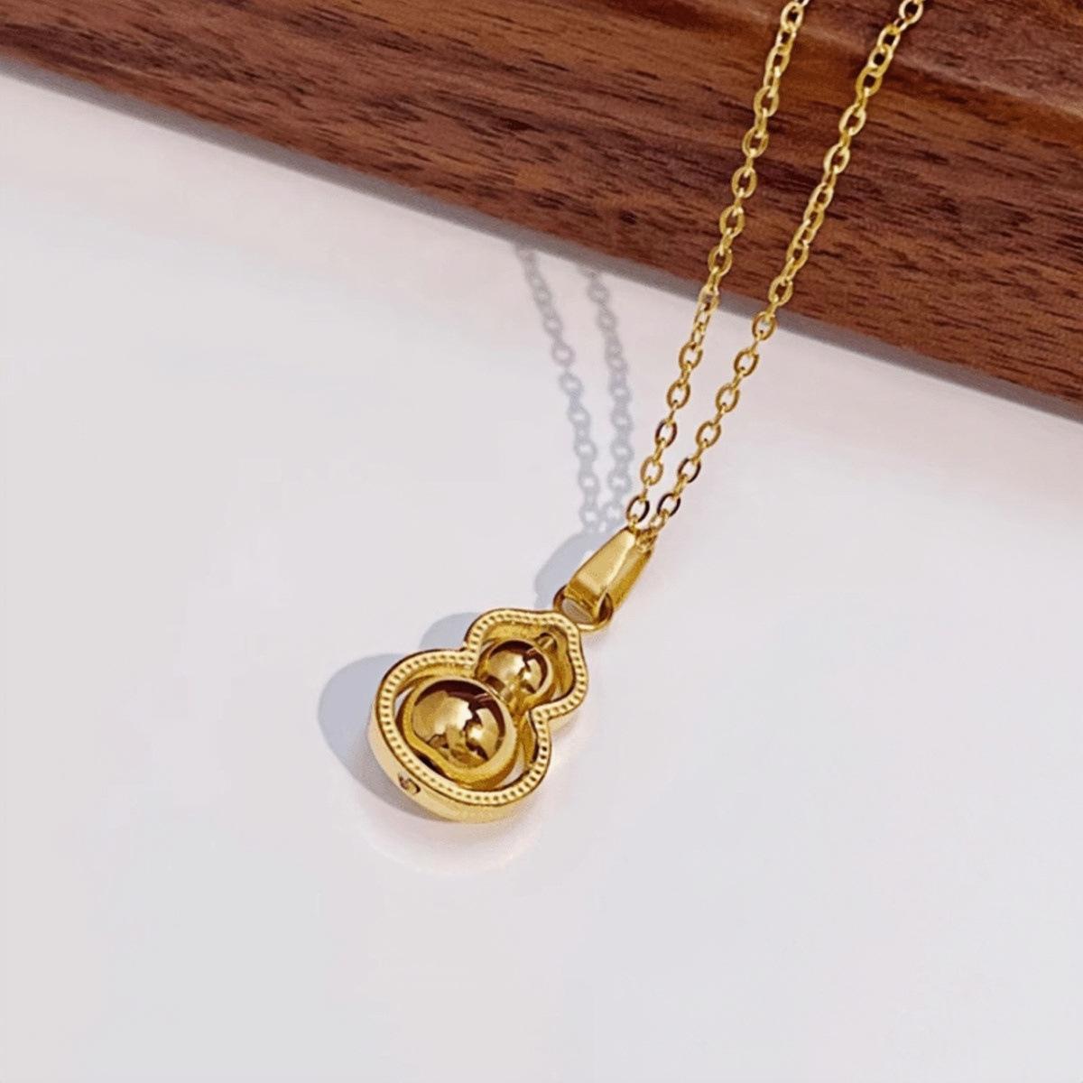 Fulu Double Full Rotation Gourd Necklace Female National Wind Titanium Steel Non-Fading Collarbone Chain