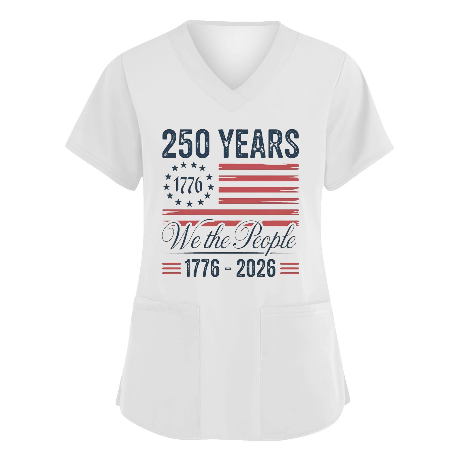 

Women V Neck Short Sleeve Work Top with Pockets Patriotic Print Nursing Uniform Shirt for Healthcare Professionals XL білий