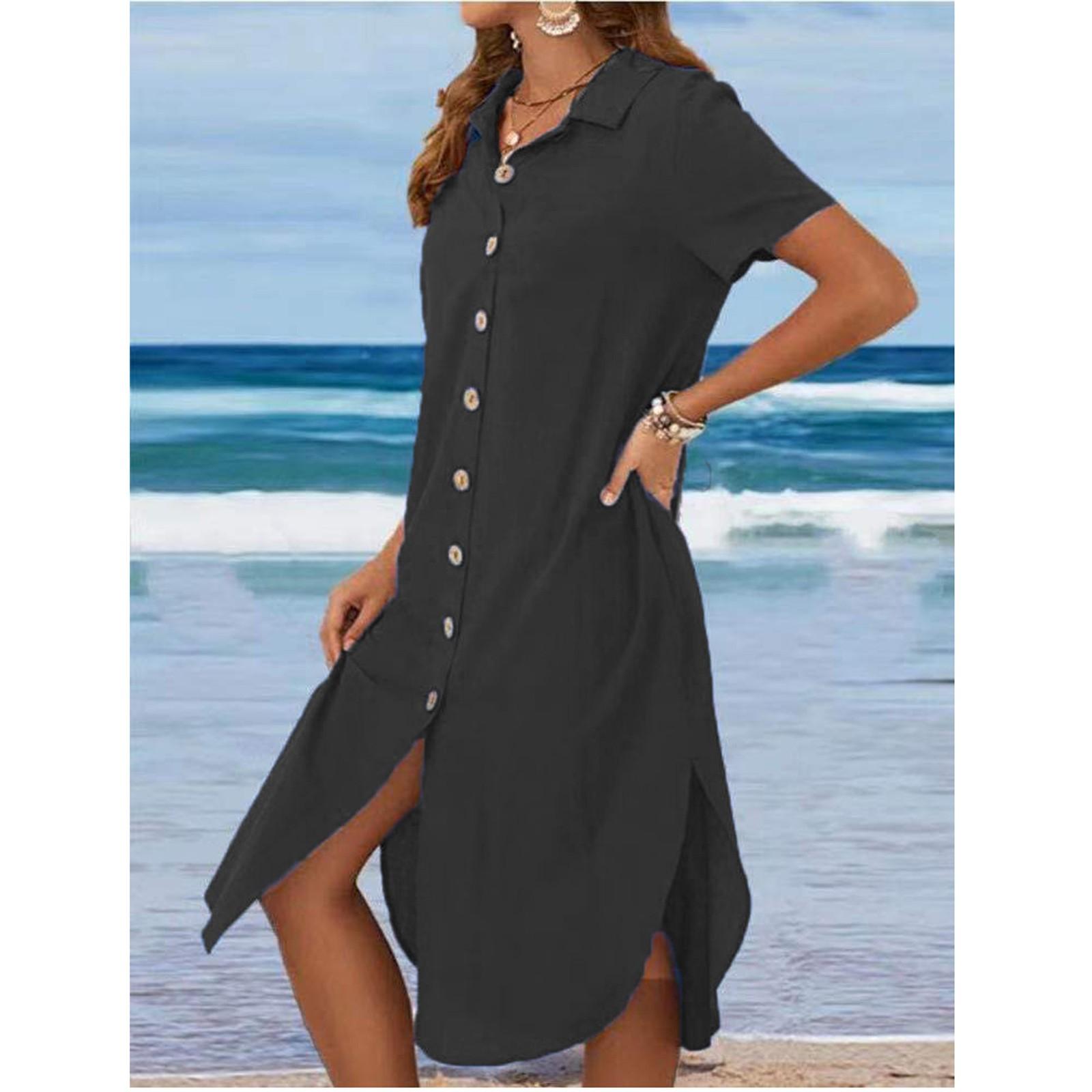 

Women s Casual Fashion Color Loose Half Sleeves Pocket O-neck Shirt Dress XL чёрный