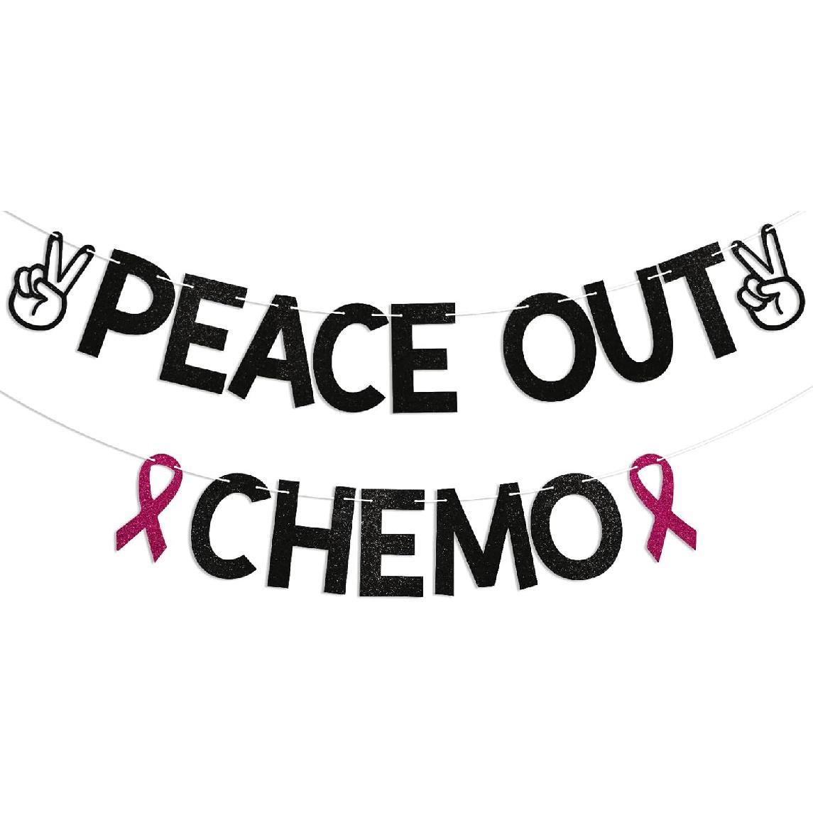 Peace Out Chemo Banner - Funny Battle Cancer Sign, Cancer Survivor, Cancer Free, No Mo’ Chemo, Pink Ribbon Hope Cancer Themed Party Decoration