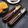 Stainless Steel Cutlery Spoon Chopsticks Wooden Handle Dinnerware Portable Fork Spoon For Fruit Dessert Kitchen Tableware
