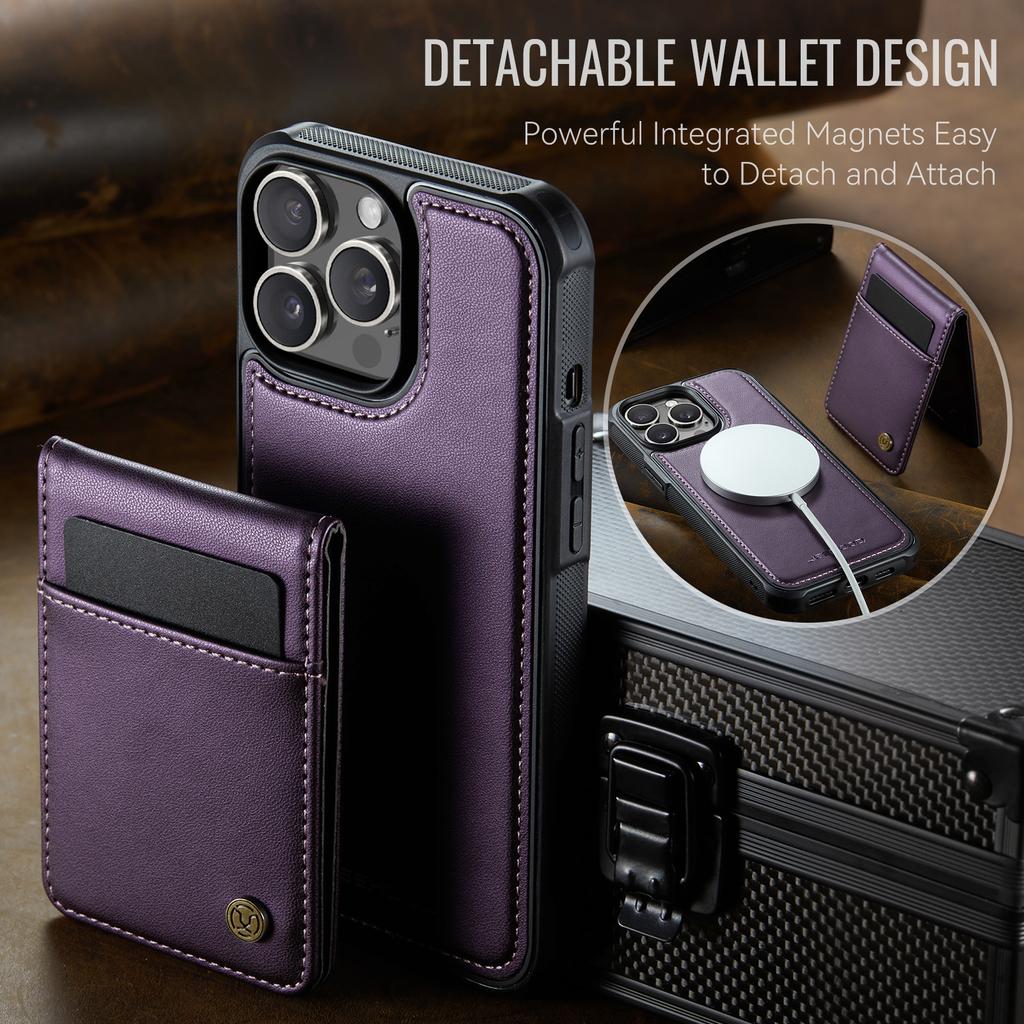 For iPhone 14 Pro Leather Back Cover Compatible with MagSafe JEEHOOD J06 Phone Case with Card Bag RFID Blocking
