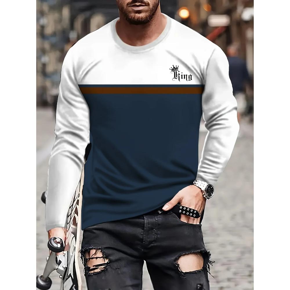 Striped Printed 3D Digital Printed Men's Fashion Trend Round Neck Long Sleeved T-shirt
