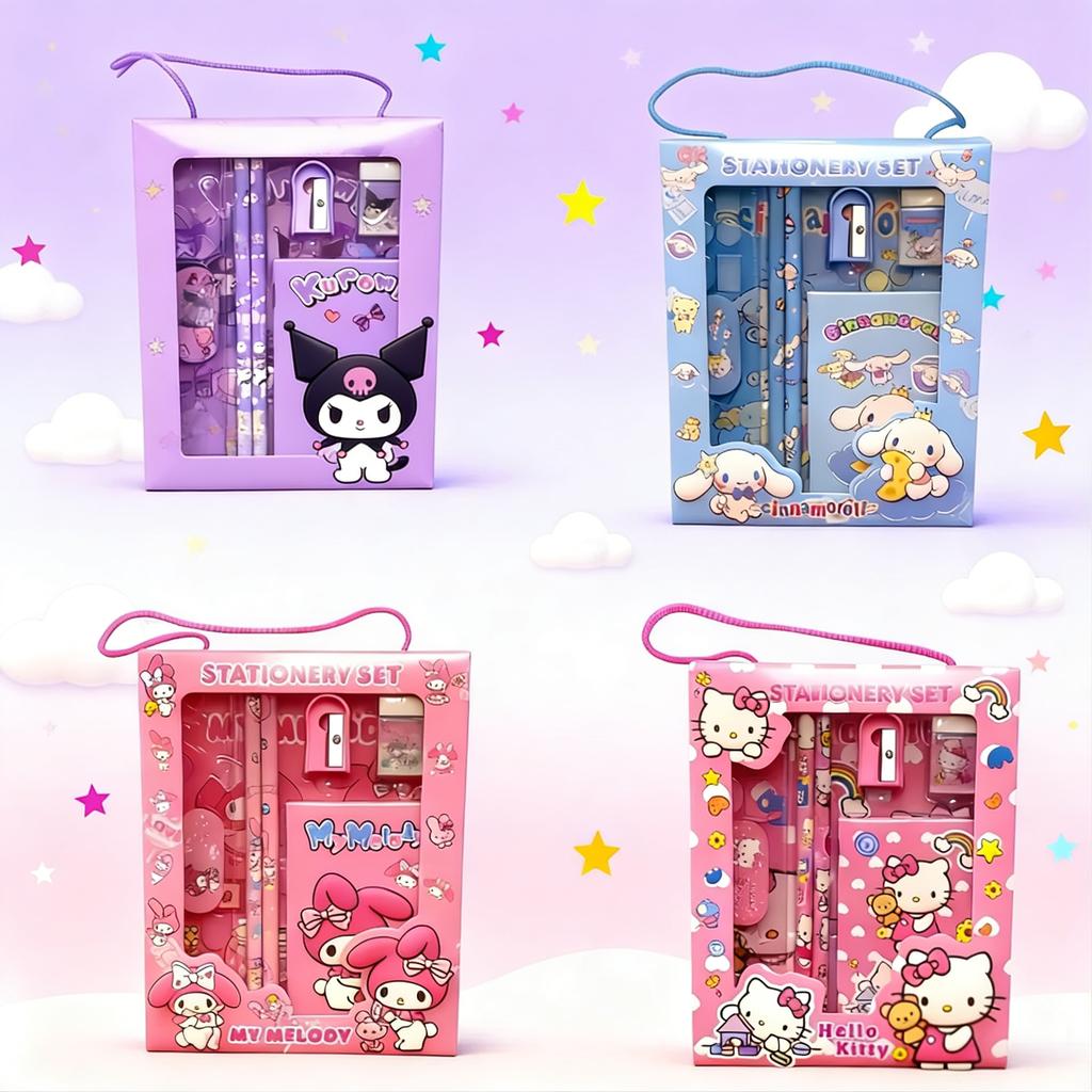 Kawaii Kuromi Melody Handheld Stationery Set Cartoon Pencil Ruler Notebook Children Learning Gift Birthday Prize