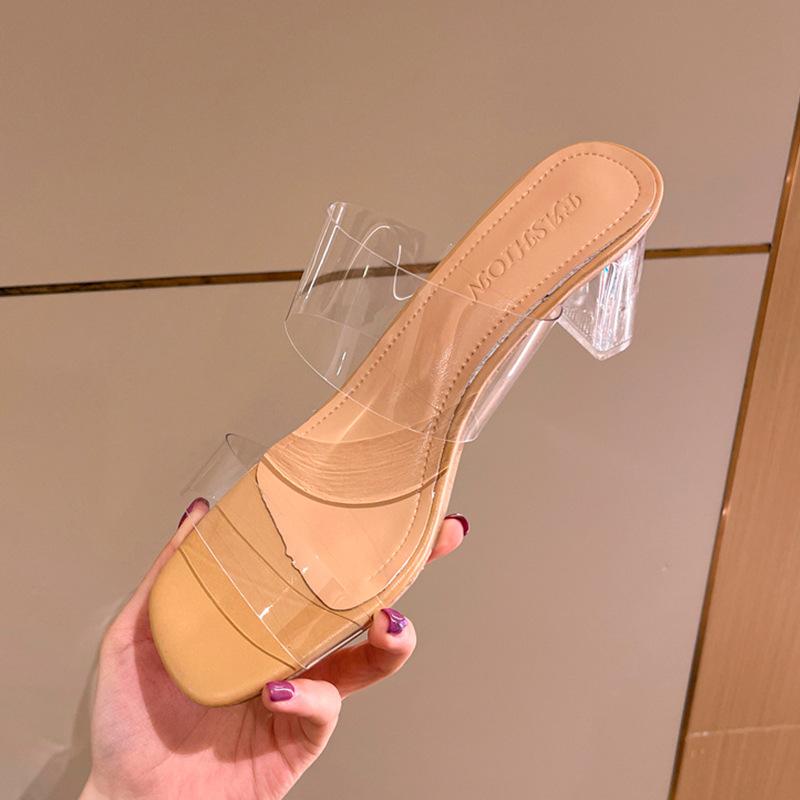 High Heels Sandals Women's Summer New Fashion Transparent Middle Heel Fashion Thick Heel Outer Slippers