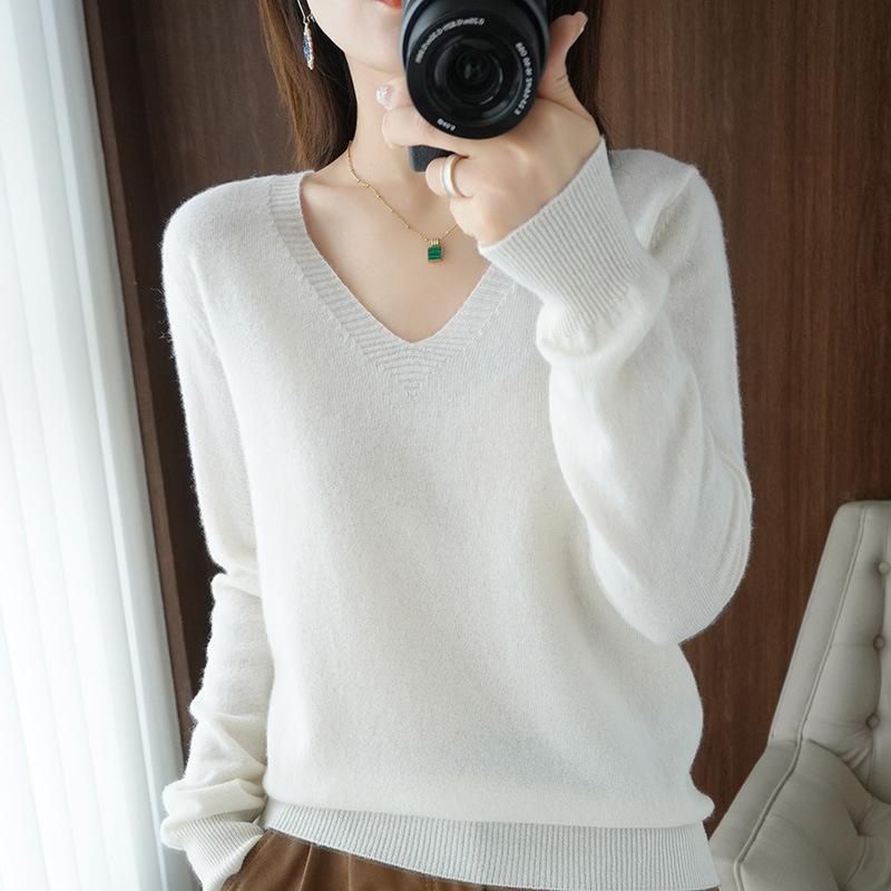 TIFICY Women s Fashion Casual Fall Winter Solid Color Print Long Sleeve V Neck Tops Women s Clothing Woolen Knitwear Sweaters S белый