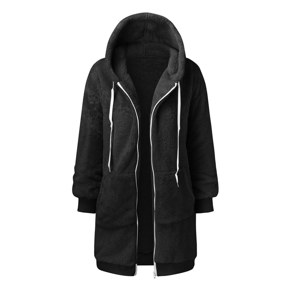 Women's Fashionable Coat Solid Color Long Sleeved Hooded Drawstring Pocket Zipper Long Warm Jackett