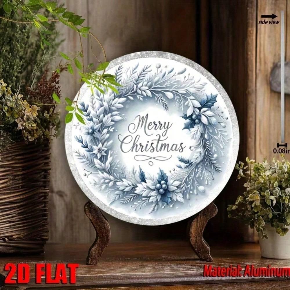7.87" Blue White Floral Christmas Wreath Metal Sign Round Wall Decor for Home Door Window