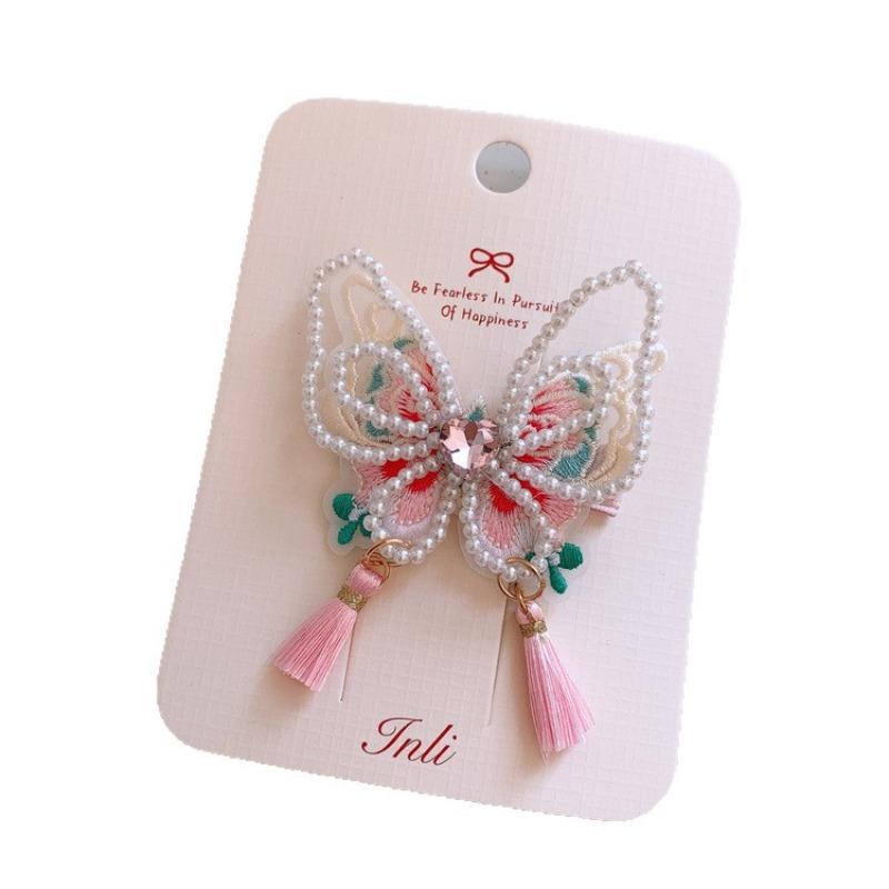 Neujahrs-Rote Perlen-Haarspangen für Kinder - Süße Schmetterling-Quasten-Barretten, Chinesischer Hanfu-Stil, Niedliche Haaraccessoires