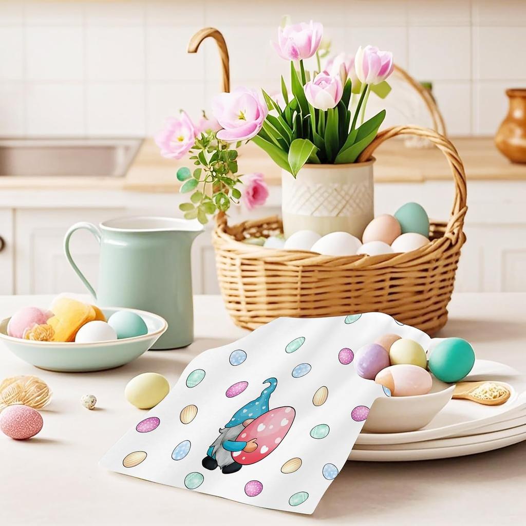 Easter Kitchen Towel 18"x26" Gnome Holding Easter Egg Buffalo Check Plaid Dish Towels Spring Home Kitchen Decor Hand Towels Set of 2