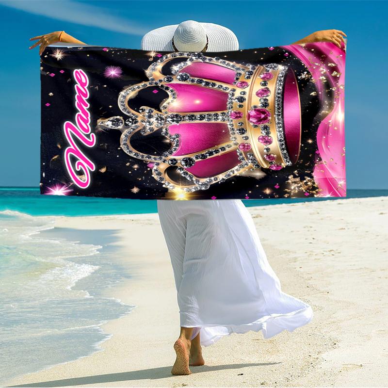 1PC Custom Name Crown Sparkle Princess Theme Beach Towel Highly Absorbent And Sand-Resistant Towel for Swimming, Pool, Yoga, And Travel Lightweight