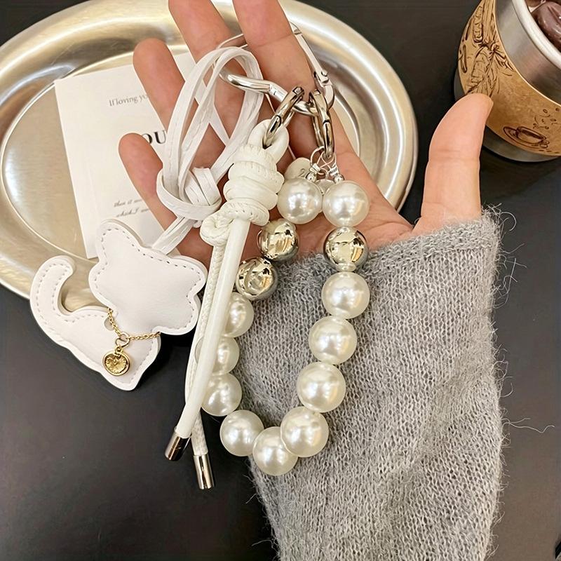 1Pcs Handbag Keychain New Imitation Pearl Cat Mobile Phone Chain Gift Hanging Ornament Pendant Women Girls