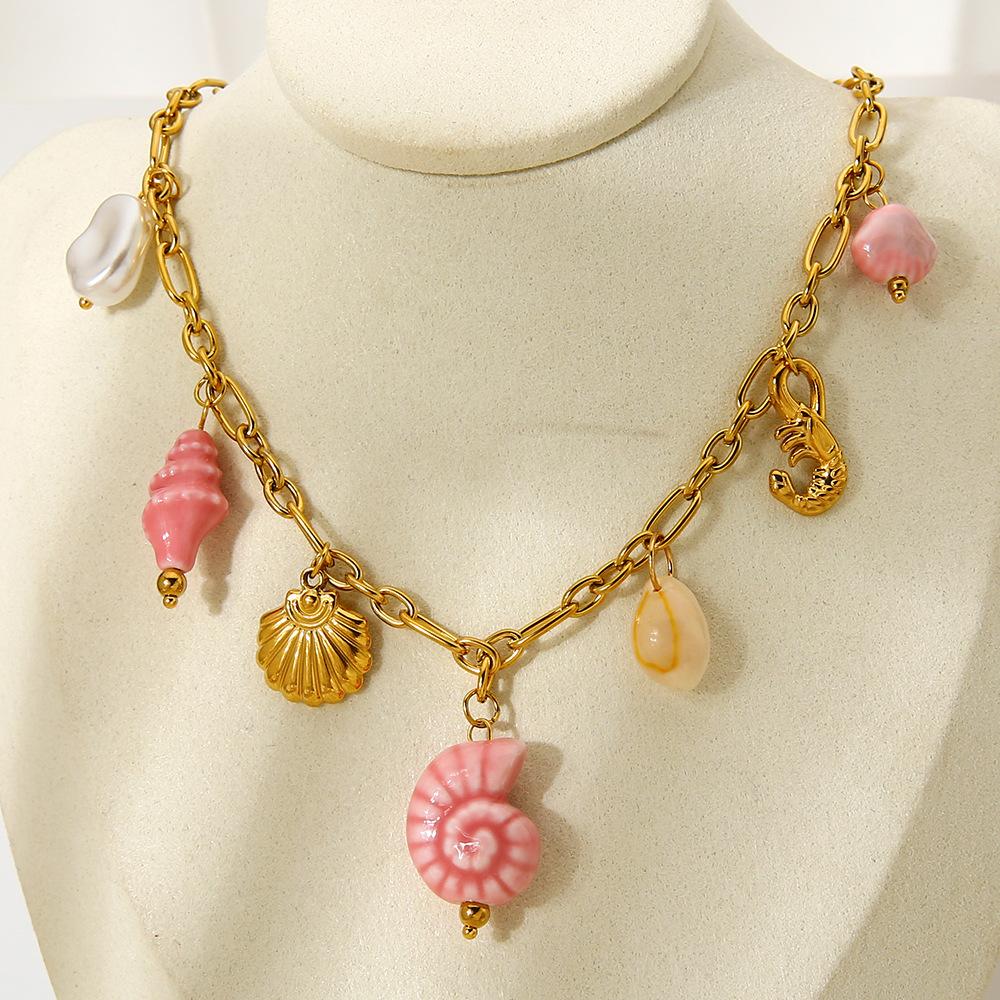 Ocean vacation style ceramic conch seahorse shell DIY pendant necklace plated 18K gold stainless steel jewelry women