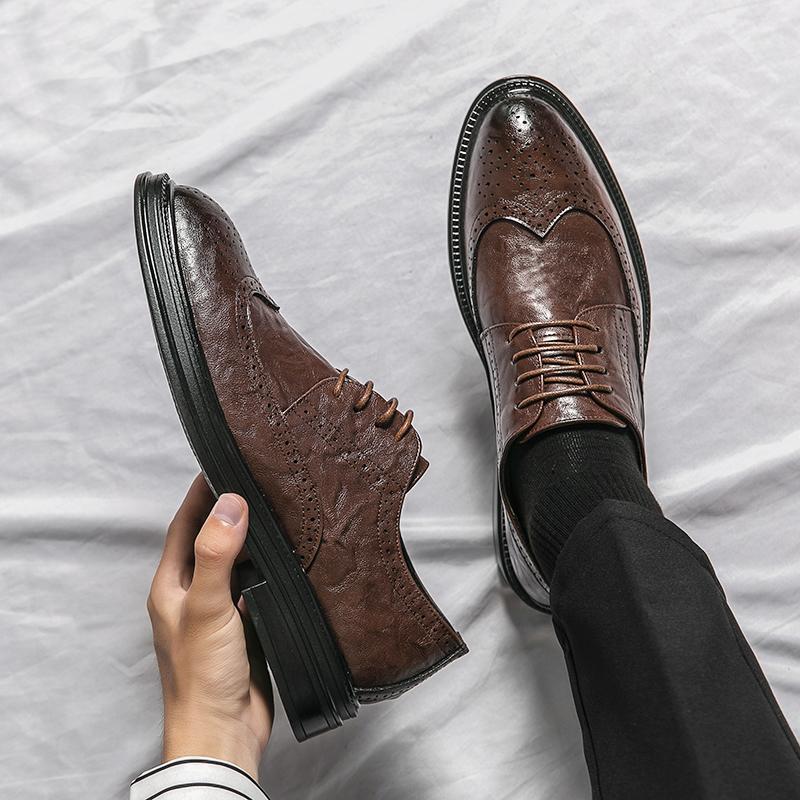 Ashionable microfiber leather casual Whole Cut Fashion Round toe shoes Lace-up Formal Business Wedding Dress Shoes for men