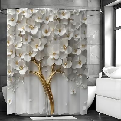White Floral Shallow Relief Shower Curtain, Bathroom Decorative Shower Curtain, Waterproof Shower Curtain with Hooks