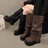 Soklaarzen retro laarzen dames 2025 western ronde neus nieuwe dikke zool gepersonaliseerde rits broek veelzijdig schacht ridderlaarzen