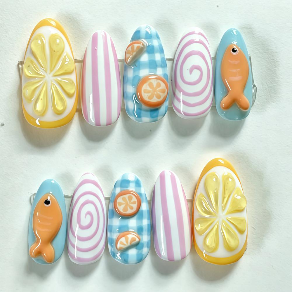 24Pcs Summer Green Lotus Almond Press On Nails Cute Frog French Tip Fake Nails With Glue Fresh Flower Manicure For Women