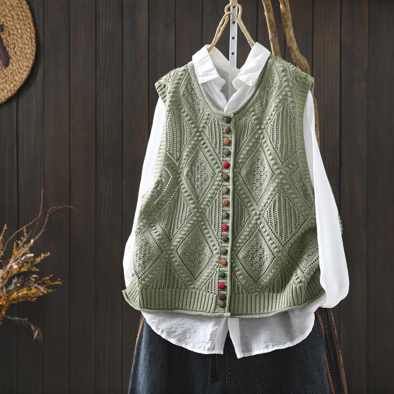 

Johnature Women Vintage Sweaters Spring Chinese Style Knitted Button Casual Sleeveless Sweaters One Size светло-зеленый
