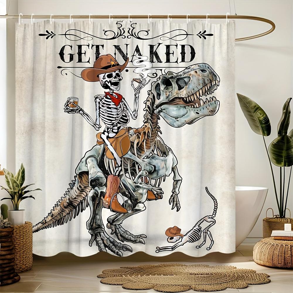 Funny Cowboy Skeleton Riding T-Rex Dinosaur Shower Curtain Waterproof Easy To Clean Privacy Protection Print Halloween 12 Hooks