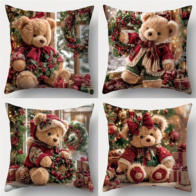 

Різдвяний ведмедик тримає гірлянду, прикрасьте теплу наволочку, новорічна прикраса для дому 2d плоский друк 16x16Inch