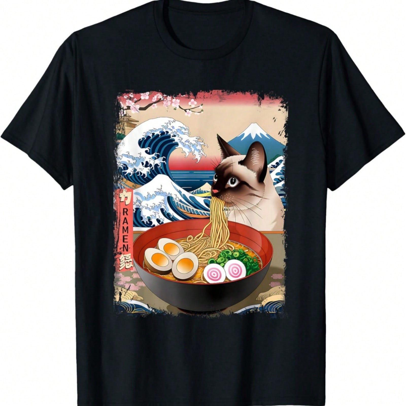 Siamese Cat Eating Ra Noodles Ocean Waves Japanese Art T-Shirt S разноцветный