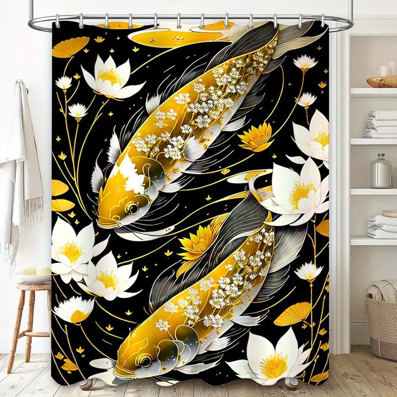Golden Fish Bath Mat Shower Curtain with Lotus Flower Printing Waterproof for Home Decor Bathroom Accessories