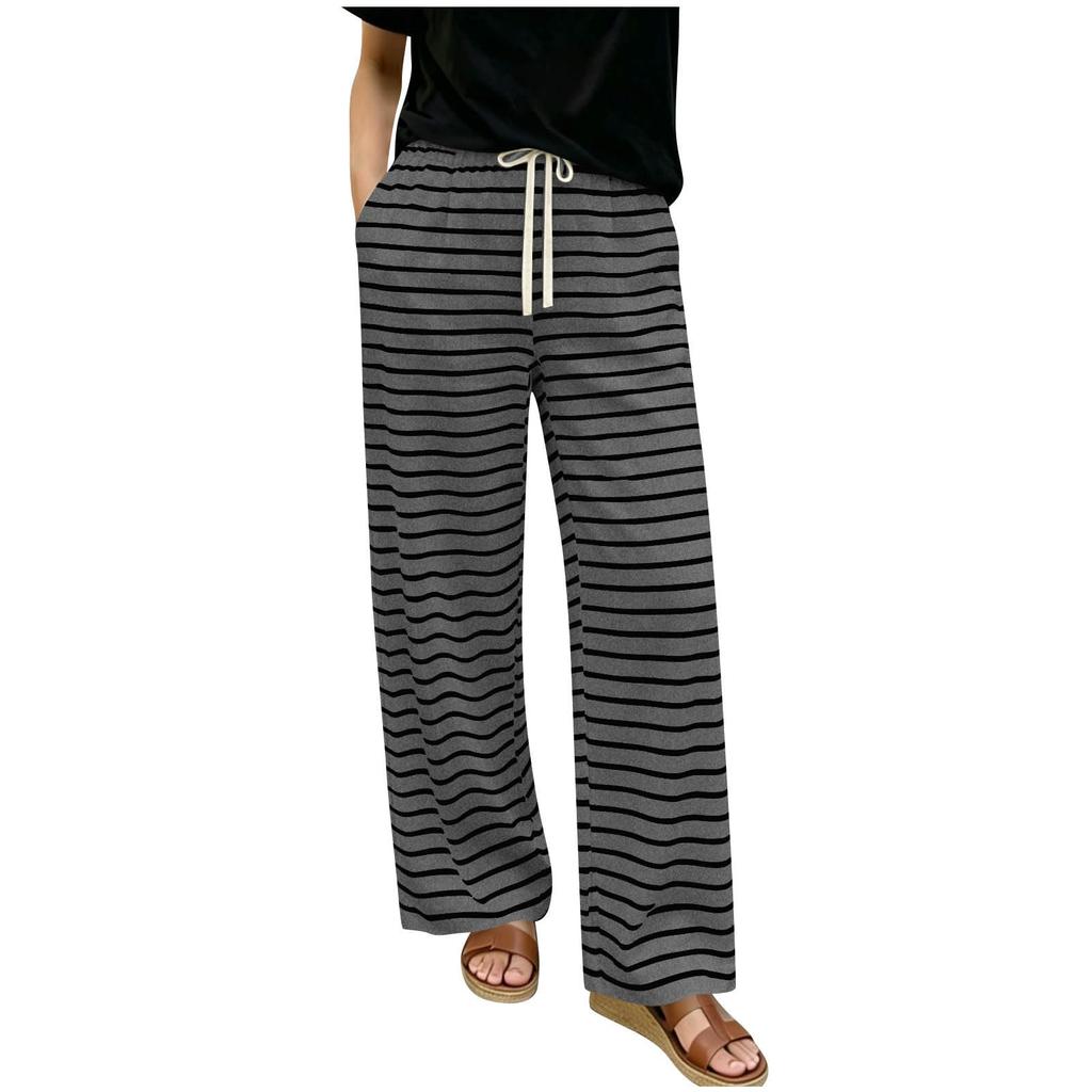 Women’s Relaxed Fit Striped Print Wide Leg Drawstring Pants Casual Lounge Elastic Waist Trousers with Pockets for Everyday Wear