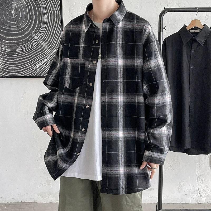 Camicia Casual Larga a Quadri a Maniche Lunghe Sottile da Uomo
