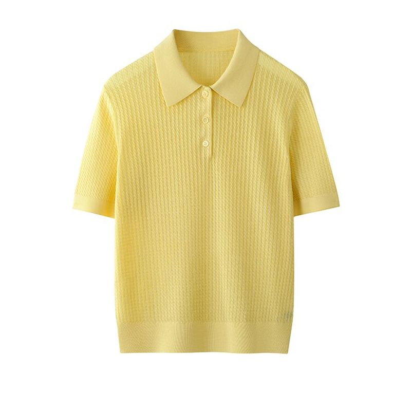 

[Лиоцелл + Тутовый шелк] Вязаный трикотаж с косами, поло-воротником и лацканами, женская футболка, 25 весенне-летних топов с короткими рукавами и узором «скрученный цветок» Light yellow L