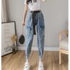 2022 Loose Hip Hop Leisure Korean Womens Pants Punk Pockets Jeans High Elastic Waist Button Harem Harajuku Denim Causal Cargo