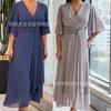 Nouvelle robe midi et longue en mousseline unie, sexy, à taille cintrée et col en V pour femmes