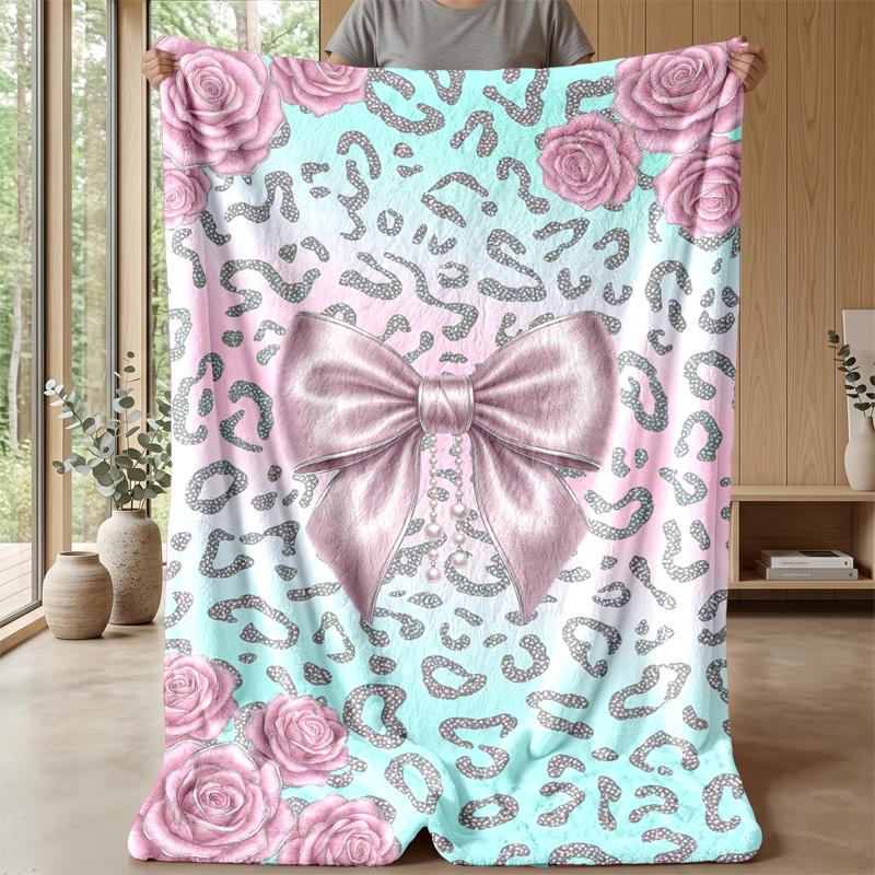 Pink Roses and Bow 1 Theme blanket Lightweight Warm Flannel Blanket Decorative Throw Blanket for Home Decoration