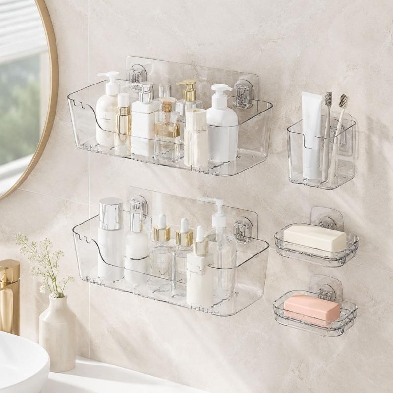 Bathroom Wall Shelf with Open Base, Adhesive Shower Storage Rack for Mounting of Bottles, Soap and Daily Use Items near Sink Side Storage