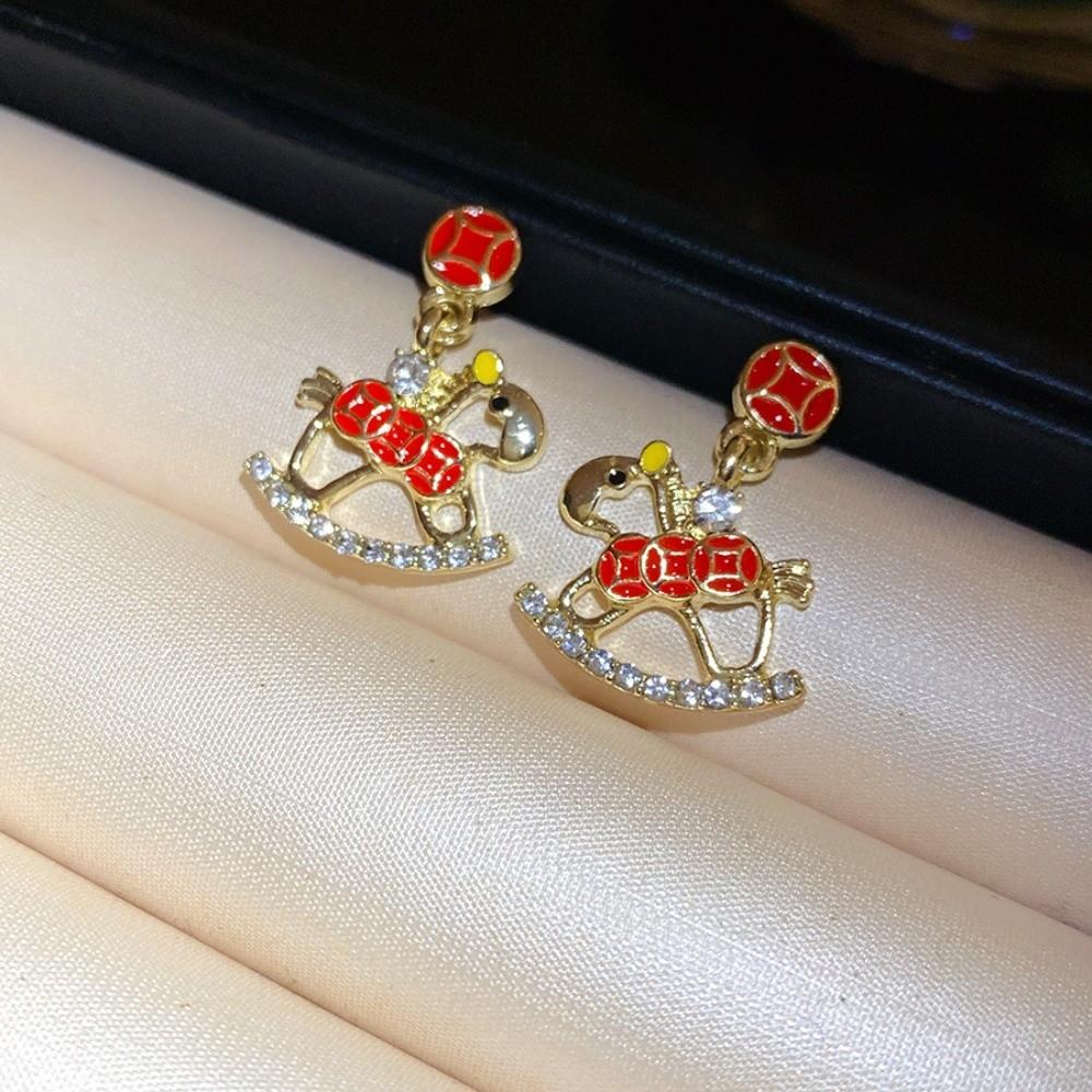 Fashion Jewelry Chinese Style Pony Earrings Hollow Rocking Pony Red Drop Earrings New Year Gift