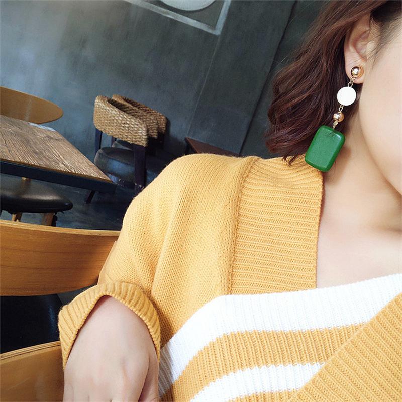 Green Square Pendants Wooden Hanging Earrings for Women Bohemian Long Exaggerated Drop Earrings Trendy Fashion Ear Zircon