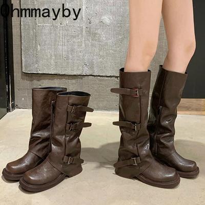 Hebilla de Cinturón Vintage Botas Vaqueras Occidentales para Mujer Moda Slip-On Tacón Bajo Botines Largos Botas de Invierno Femenina