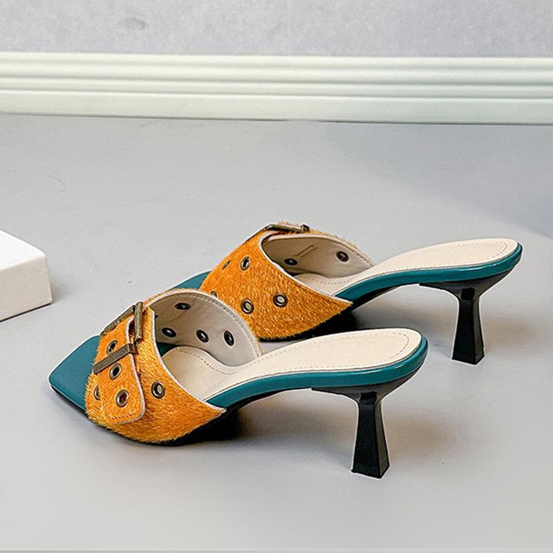 Fashion Liyke New Fashion Big Buckle Strap Square Toe Thin Low Heels Slipper For Woman Mules Slide Shoes Gladiator Sandals Zapatos Mujer