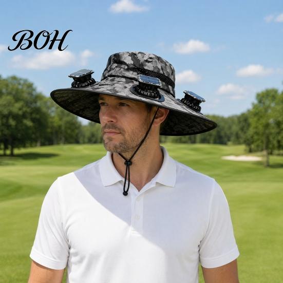 Cycling Cooling Hat Solar Fan Hat, UPF 50+ Wide Brim Sun with 2 Cap Fans, & USB Rechargeable, 3 Speeds for Fishing/Camping/Hiking/Gardening