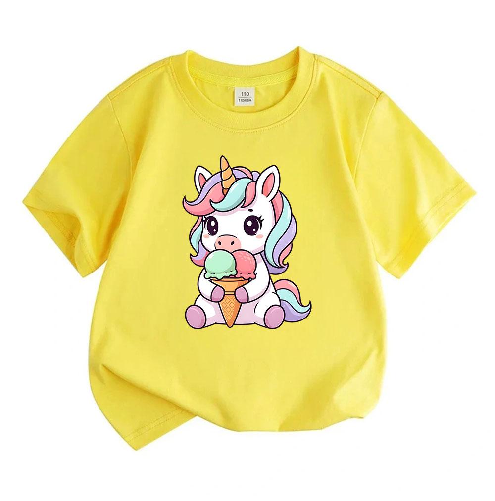 Kids Boys Girls Crew Neck Short Sleeve 100% Cotton T-Shirt, Cute Cartoon Unicorn Eating Ice Cream Pattern Casual Soft Breathable Tee Tops for Children