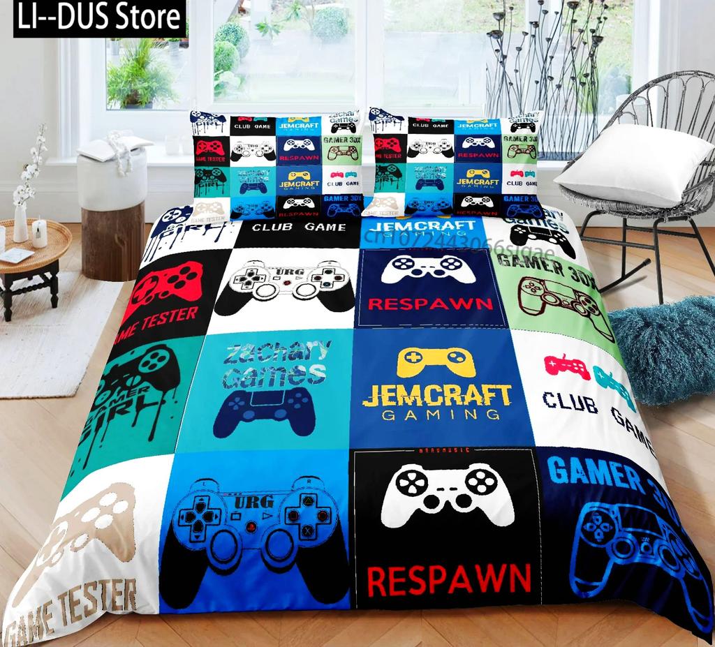 Set de lenjerie de pat pentru gamer pentru dormitor, moale, modern, cu gamepad, cuverturi confortabile pentru copii, husă de plapumă, husă de pilotă cu jocuri video și față de pernă