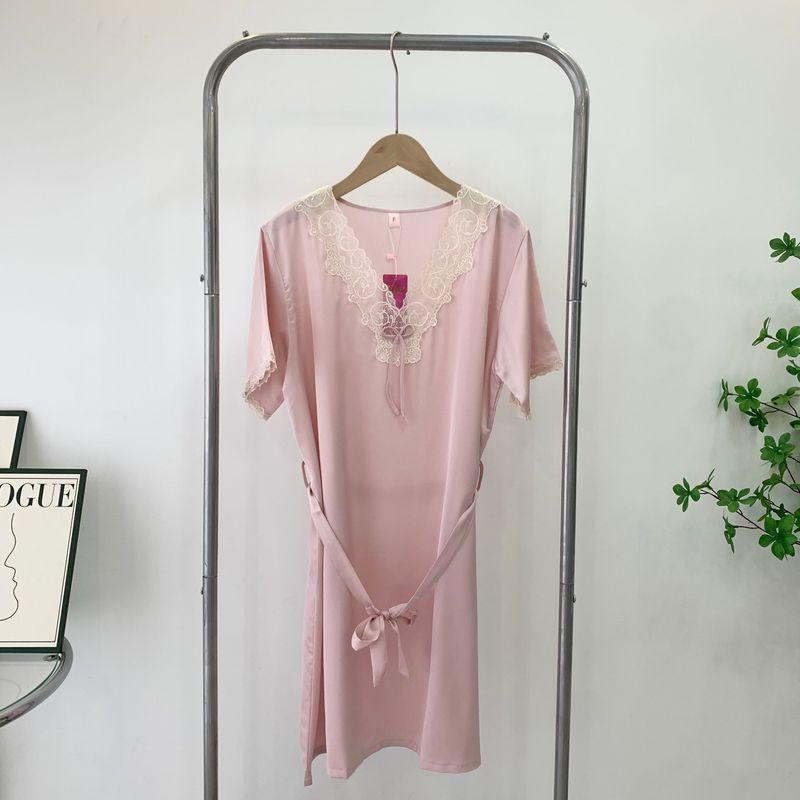 Clearance Sale Special Offer Summer Dress Shoelace Silk Nightdress V Neck Ruffled Short Sleeves Thin Homewear Mid-Length Skirt
