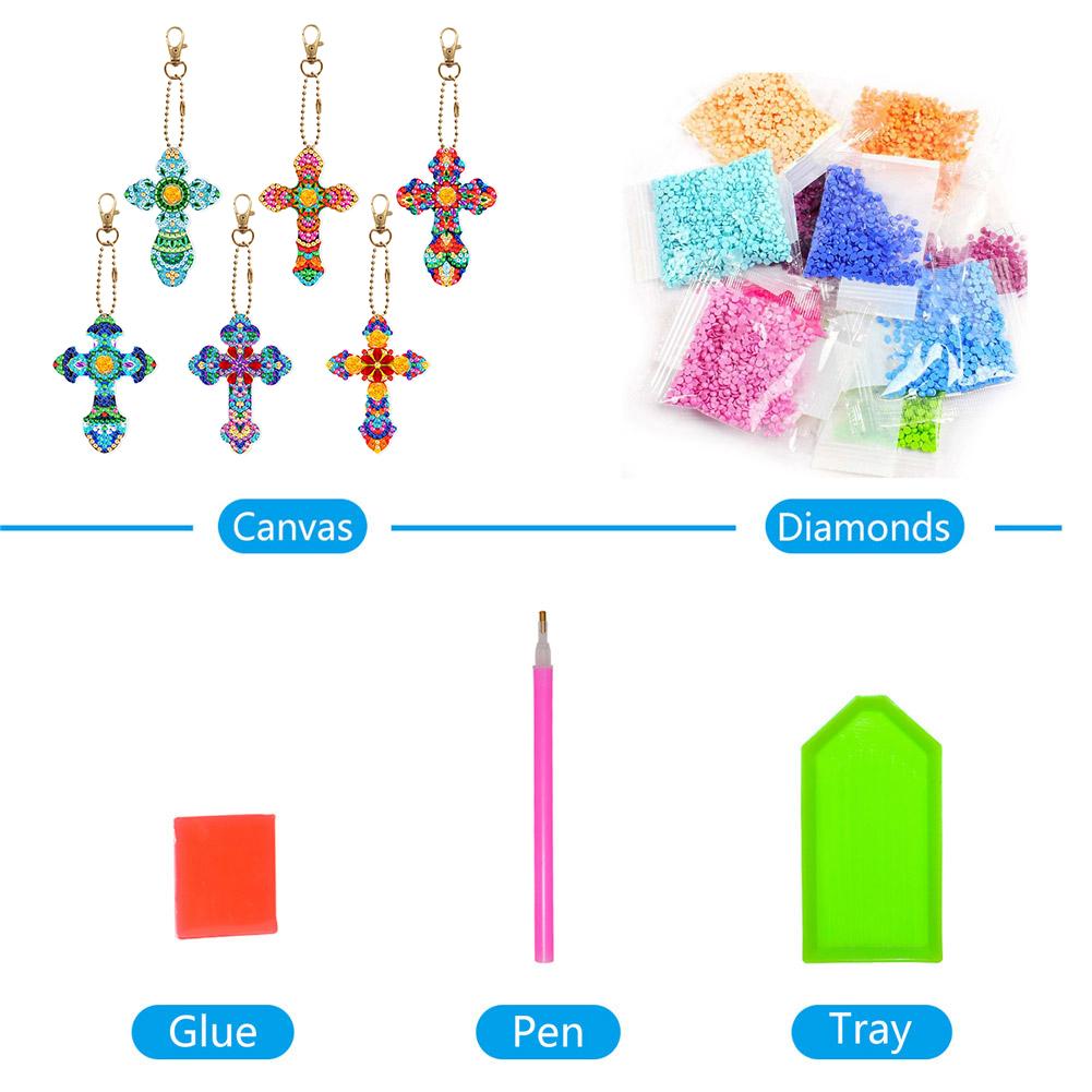6pcs Cross Gem Keychains Diamond Mosaic Kit DIY Special Shaped Drill Keychains Rhinestone Pendant Double Sided Lady Bag Pendant