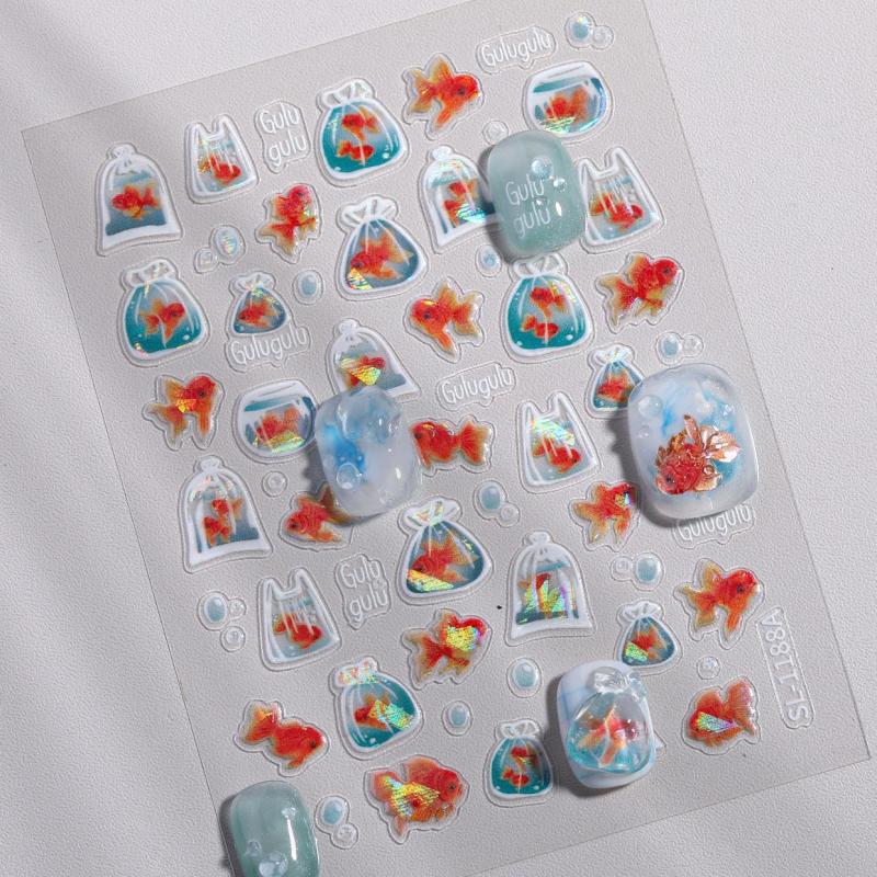 Shiny Goldfish Plastic Bag Seahorses Summer Jellyfish Starfish Shell Conch Koi Water Bubble Star Carp Nail Art Stickers Decals