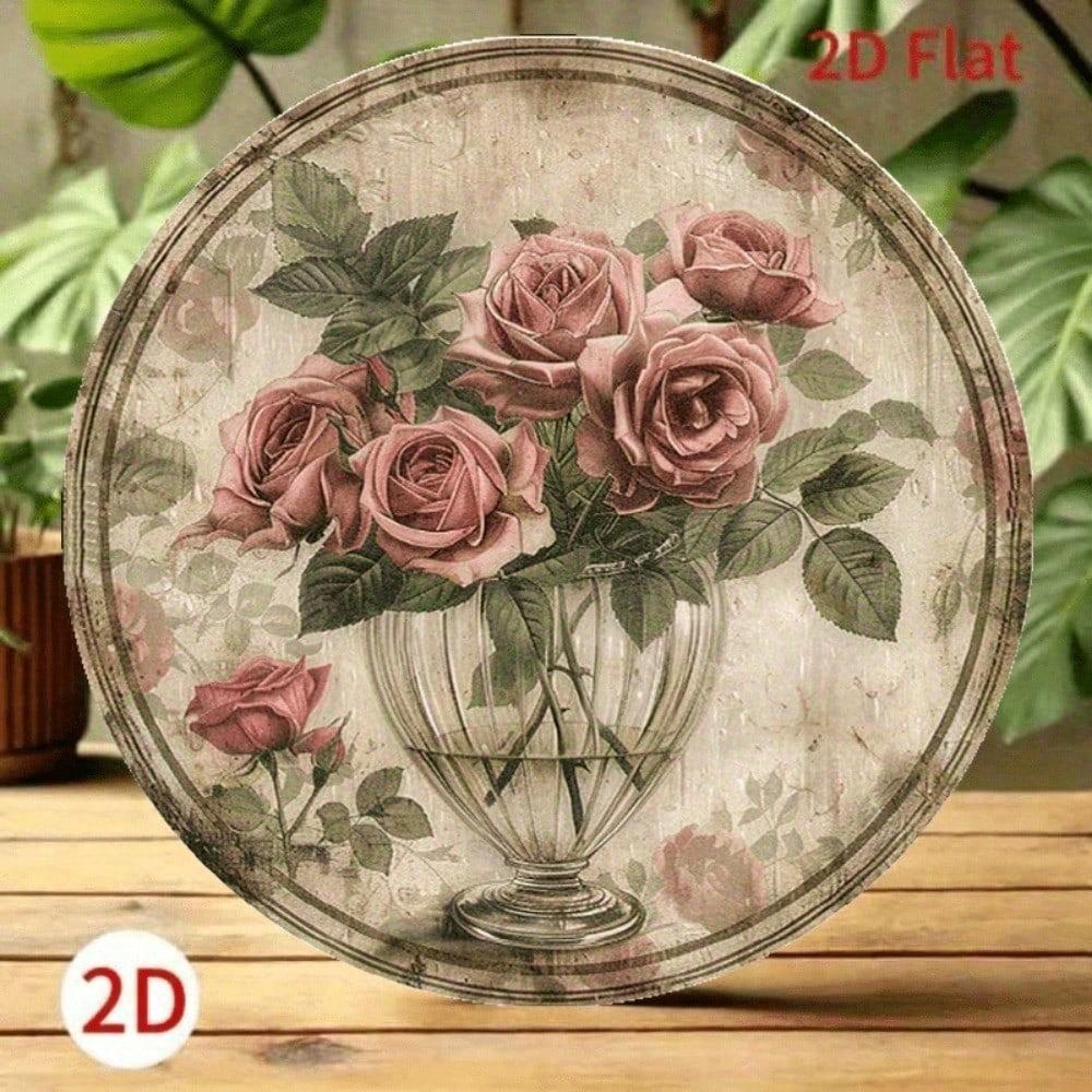 1pc Vintage Rose Bouquet Vase Round Metal Sign 2D Foil Engraving Art Plaque Home Cafe Garden Decor