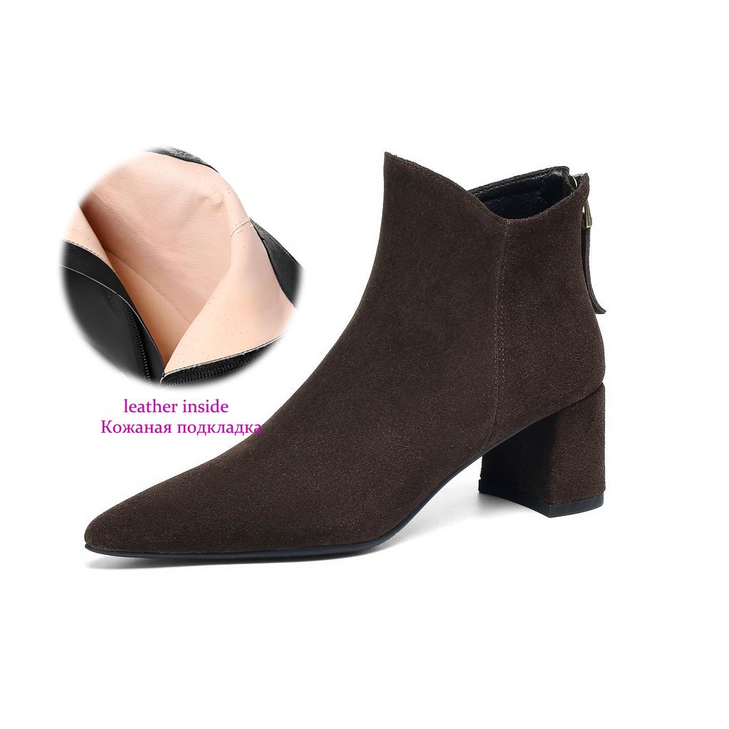 Krazing Pot Cow Suede Nubuck Pointed Toe Thick Heels Chelsea Boots Size 43 Zip Basic Clothing Women Ankle Boots