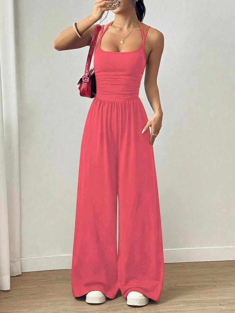 Women's Spaghetti Strap Jumpsuit Wide Leg Ruched Waist Loose Fit Casual Summer Outfit